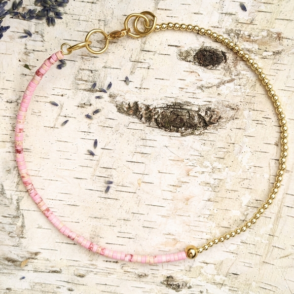 Natural Pink Sea Sediment Imperial Jasper In Assymetrical  Choker/Necklace - Picture 6 of 7